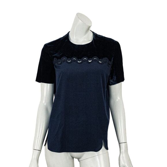 Sandro Paris Navy Short Sleeve Blouse Velvet trim Women's Size 2 - Picture 1 of 7